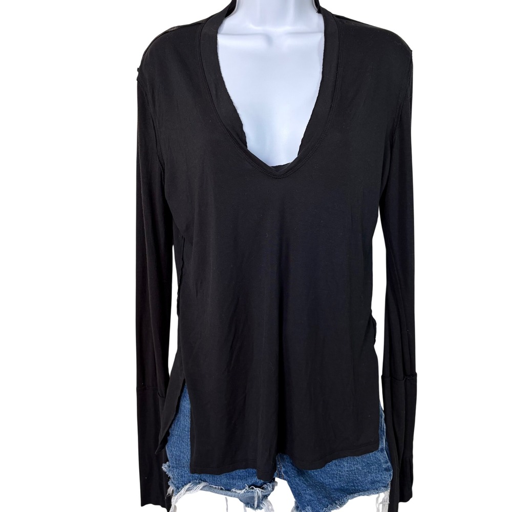 We The Free Black Med Deep V Neck Long Sleeve Split‎ Side High Low Top Shirt